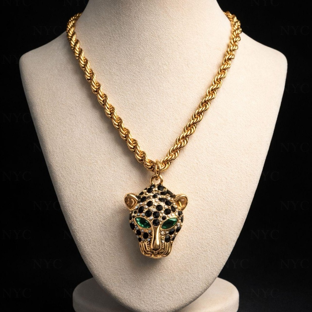 Gold Leopard Head Pendant Necklace with Green Stone Eyes - Picture 4 of 4